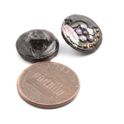 Lot (2) Antique 1800's Czech hand painted gold gilt black flower glass buttons 13mm
