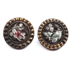 Lot (2) Antique Victorian Czech hand painted gold gilt black flower glass buttons 13mm