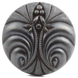 Antique 1800's Czech pewter lustre black floral scroll glass button 23mm