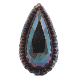 Antique Czech peacock metallic iridescent teardrop faceted black glass button 27mm