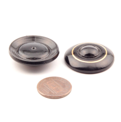 Lot (2) Czech hand gold gilt black domed glass button elements cabochons 29mm