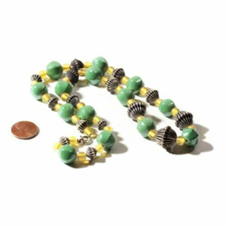 Vintage necklace Czech green lustre Art Deco glass beads silver metal ball beads