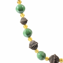 Vintage necklace Czech green lustre Art Deco glass beads silver metal ball beads