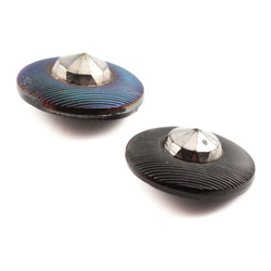 Lot (2) Antique Czech metallic lustre fine ribbed black glass buttons 23mm