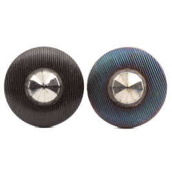 Lot (2) Antique Czech metallic lustre fine ribbed black glass buttons 23mm
