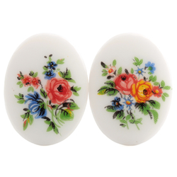 Lot (2) Vintage Limoges style rose floral oval white cabochons 40x30mm