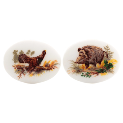 Lot (2) Vintage Limoges style boar and grouse wildlife oval white cabochons 40x30mm