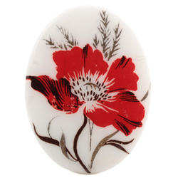 Vintage Limoges style red Poppy flower oval white cabochon 40x30mm