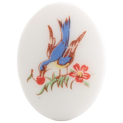 Vintage wild flowers and blue bird oval white cabochon 40x30mm Limoges style 