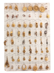 Art Deco sample card (61) Czech vintage rhinestone filigree brass coin earrings