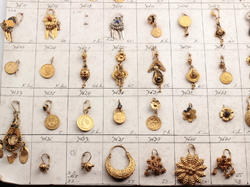 Art Deco sample card (61) Czech vintage rhinestone filigree brass coin earrings