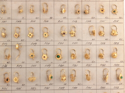 Design sample card (72) Czech vintage geometric floral figural brass rhinestone earrings