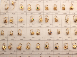 Design sample card (72) Czech vintage geometric floral figural brass rhinestone earrings