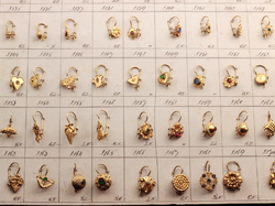 Design sample card (72) Czech vintage geometric floral figural brass rhinestone earrings