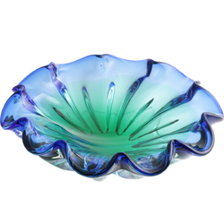 Vintage Czech sapphire blue green bicolor fluted glass bowl Mid Century modern 