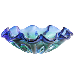 Vintage Czech sapphire blue green bicolor fluted glass bowl Mid Century modern 