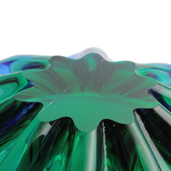 Vintage Czech sapphire blue green bicolor fluted glass bowl Mid Century modern 