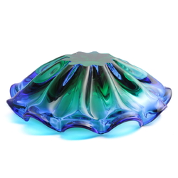 Vintage Czech sapphire blue green bicolor fluted glass bowl Mid Century modern 