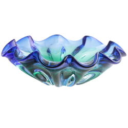 Vintage Czech sapphire blue green bicolor fluted glass bowl Mid Century modern 