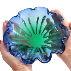 Vintage Czech sapphire blue green bicolor fluted glass bowl Mid Century modern 