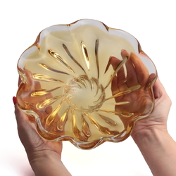 Vintage Czech Mid Century topaz crystal bicolor fluted glass designer bowl 