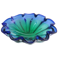 Vintage Mid Century modern Czech sapphire blue green bicolor fluted glass bowl