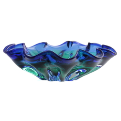 Vintage Mid Century modern Czech sapphire blue green bicolor fluted glass bowl