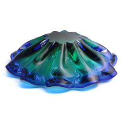 Vintage Mid Century modern Czech sapphire blue green bicolor fluted glass bowl