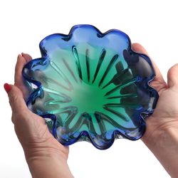 Vintage Mid Century modern Czech sapphire blue green bicolor fluted glass bowl