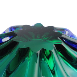 Vintage Mid Century modern Czech sapphire blue green bicolor fluted glass bowl