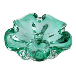 Vintage Czech green crystal bicolor fluted glass designer bowl Mid Century 6"