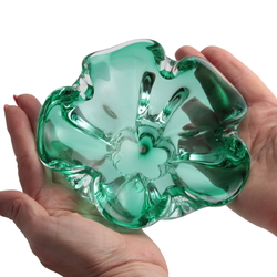 Vintage Czech green crystal bicolor fluted glass designer bowl Mid Century 6"