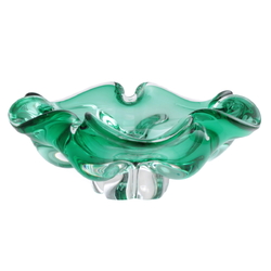 Vintage Czech green crystal bicolor fluted glass designer bowl Mid Century 6"