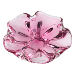 Vintage Czech pink crystal bicolor fluted glass bowl Mid Century Chribska Sommerso