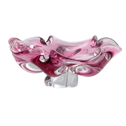 Vintage Czech pink crystal bicolor fluted glass bowl Mid Century Chribska Sommerso
