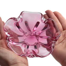 Vintage Czech pink crystal bicolor fluted glass bowl Mid Century Chribska Sommerso