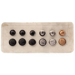 Sample card (12) Vintage Czech lustre bumpy horseshoe black glass buttons