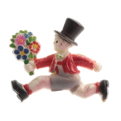 Art Deco hand painted celluloid pin brooch; running Top hat boy with flower bunch red