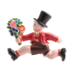 Art Deco running Top hat boy with flower bunch celluloid pin brooch; hand painted red brown
