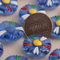 Card (24) antique Czech blue daisy flower glass buttons hand painted 18mm