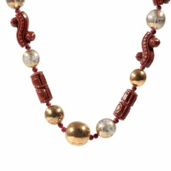 Vintage Art Deco necklace Czech carved brown gold plated clear glass beads