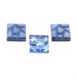 Lot (3) 15mm Czech vintage blue satin transparent square geometric glass cabochons