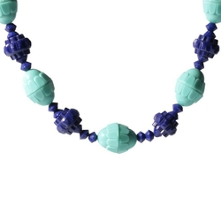 Vintage Deco necklace Czech cobalt blue geometric turquoise flower glass beads