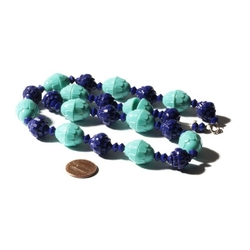 Vintage Deco necklace Czech cobalt blue geometric turquoise flower glass beads