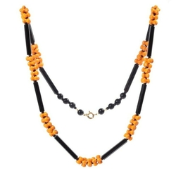 Vintage necklace Czech black round long bugle orange rondelle flower glass beads