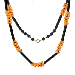 Vintage necklace Czech black round long bugle orange rondelle flower glass beads
