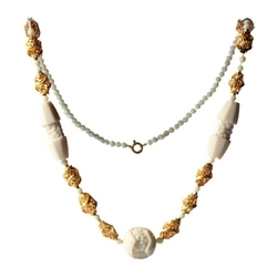 Vintage Art Deco necklace Czech uranium carved flower glass beads