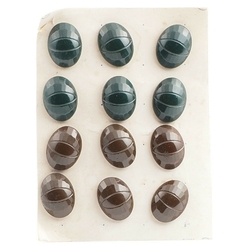 Card (12) 1920's Deco vintage Czech oval faceted brown black glass buttons 23mm