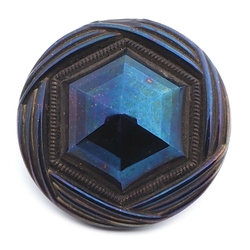 Antique Art Deco Czech metallic iridescent faceted black glass button 27mm