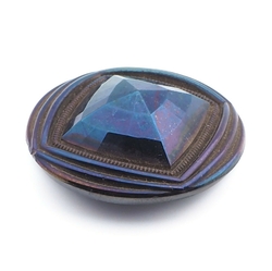 Antique Art Deco Czech blue metallic iridescent faceted black glass button 27mm